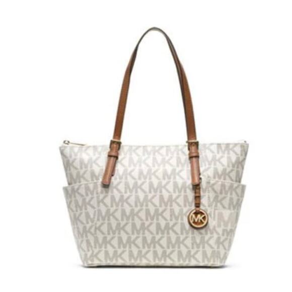 Michael Kors Gray and White Logo Jet Set East West Zip Top Signature Tote - Picture 1 of 12